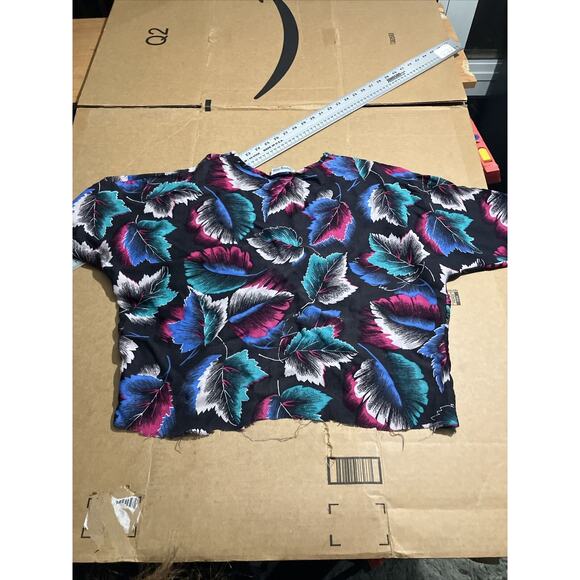 Cherry Hill Black Floral M Shirt, Short Sleeve Fall Fringe Top, Leaves Pattern - Picture 12 of 14